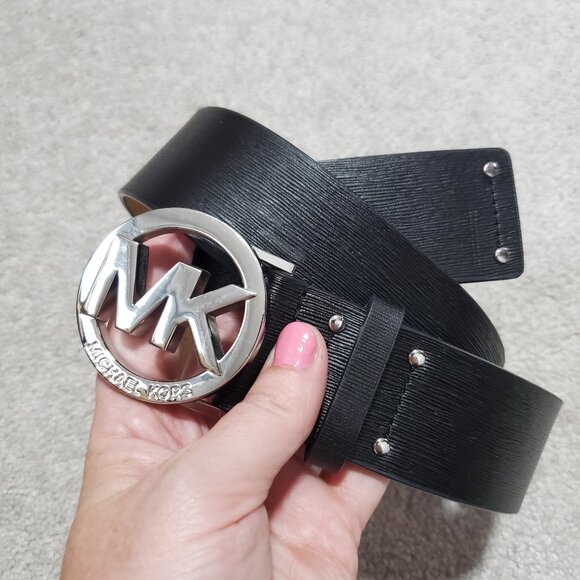 MICHAEL Michael Kors Accessories - MICHAEL MICHAEL KORS Leather Belt with MK Buckle Studs Black Silver Womens Small